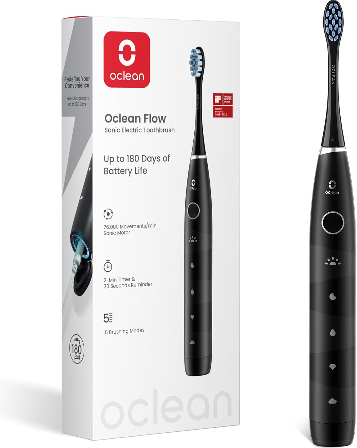 Oclean Flow Elektrische Zahnbürste, Schallzahnbürste mit 180 Tage Akkulaufzeit, 5 Putzmodi Zahnbürste Elektrisch IPX7 Sonic Electric Toothbrush mit DuPont Zahnbürstenkopf, Timer (Weiß)