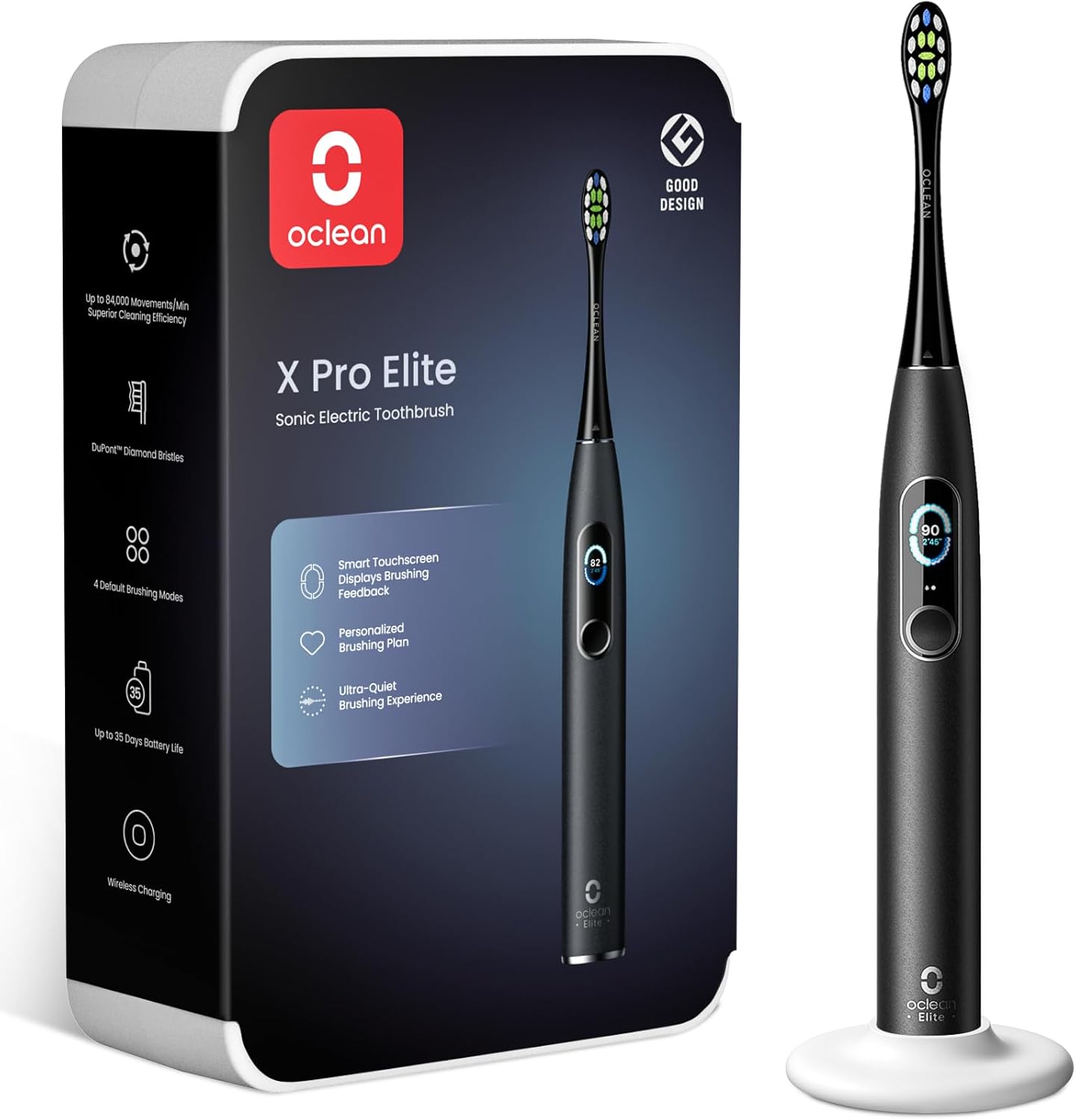 Oclean X Pro Elite Elektrische Zahnbürste, intelligenter Touchscreen, geräuscharm, 45 dB, 4 Modi und 32 Intensitätsstufen, 3,5 Tage Akkulaufzeit, mit Timer, Drucksensor und APP, IPX7, Grau