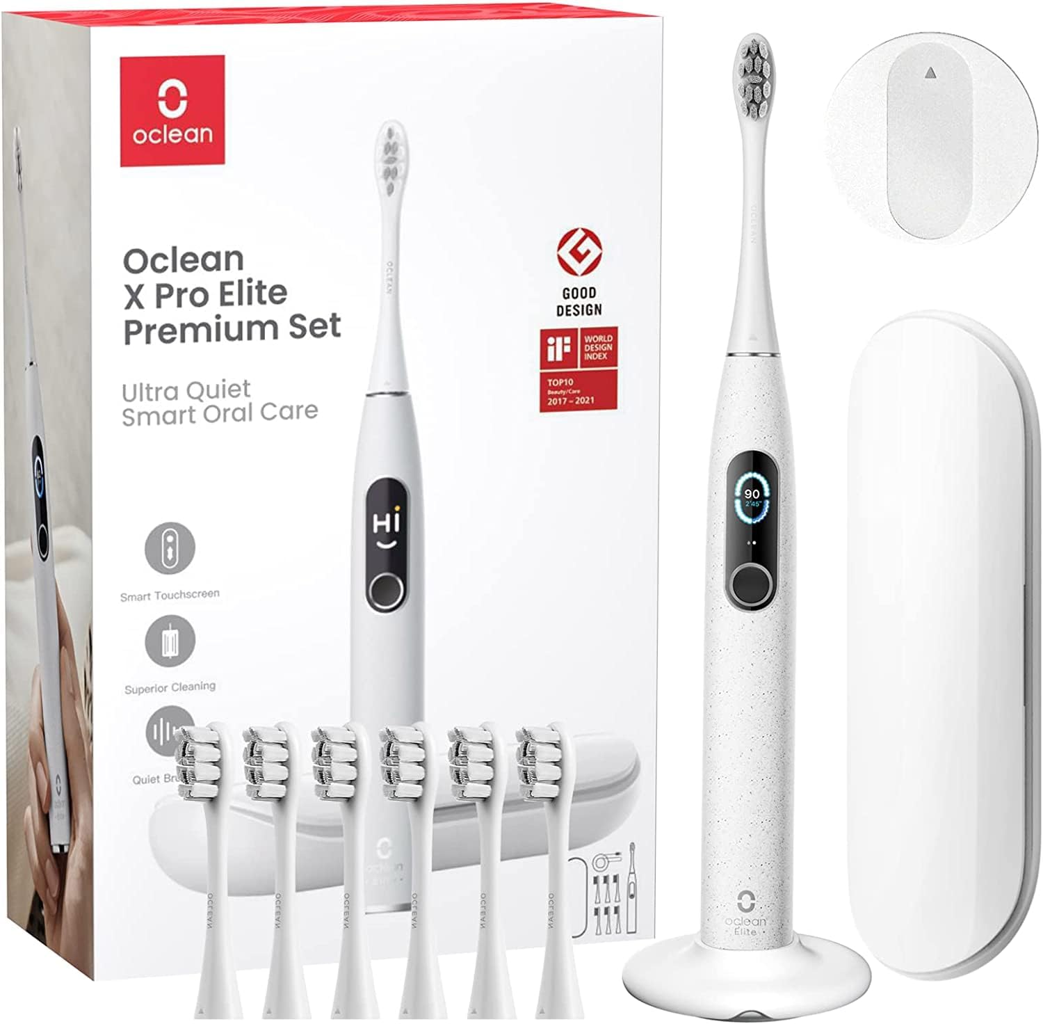 Oclean X Pro Elite Elektrische Zahnbürste, intelligenter Touchscreen, geräuscharm, 45 dB, 4 Modi und 32 Intensitätsstufen, 3,5 Tage Akkulaufzeit, mit Timer, Drucksensor und APP, IPX7, Grau
