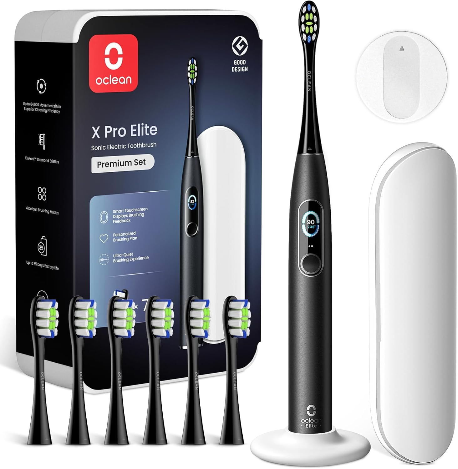 Oclean X Pro Elite Elektrische Zahnbürste, intelligenter Touchscreen, geräuscharm, 45 dB, 4 Modi und 32 Intensitätsstufen, 3,5 Tage Akkulaufzeit, mit Timer, Drucksensor und APP, IPX7, Grau