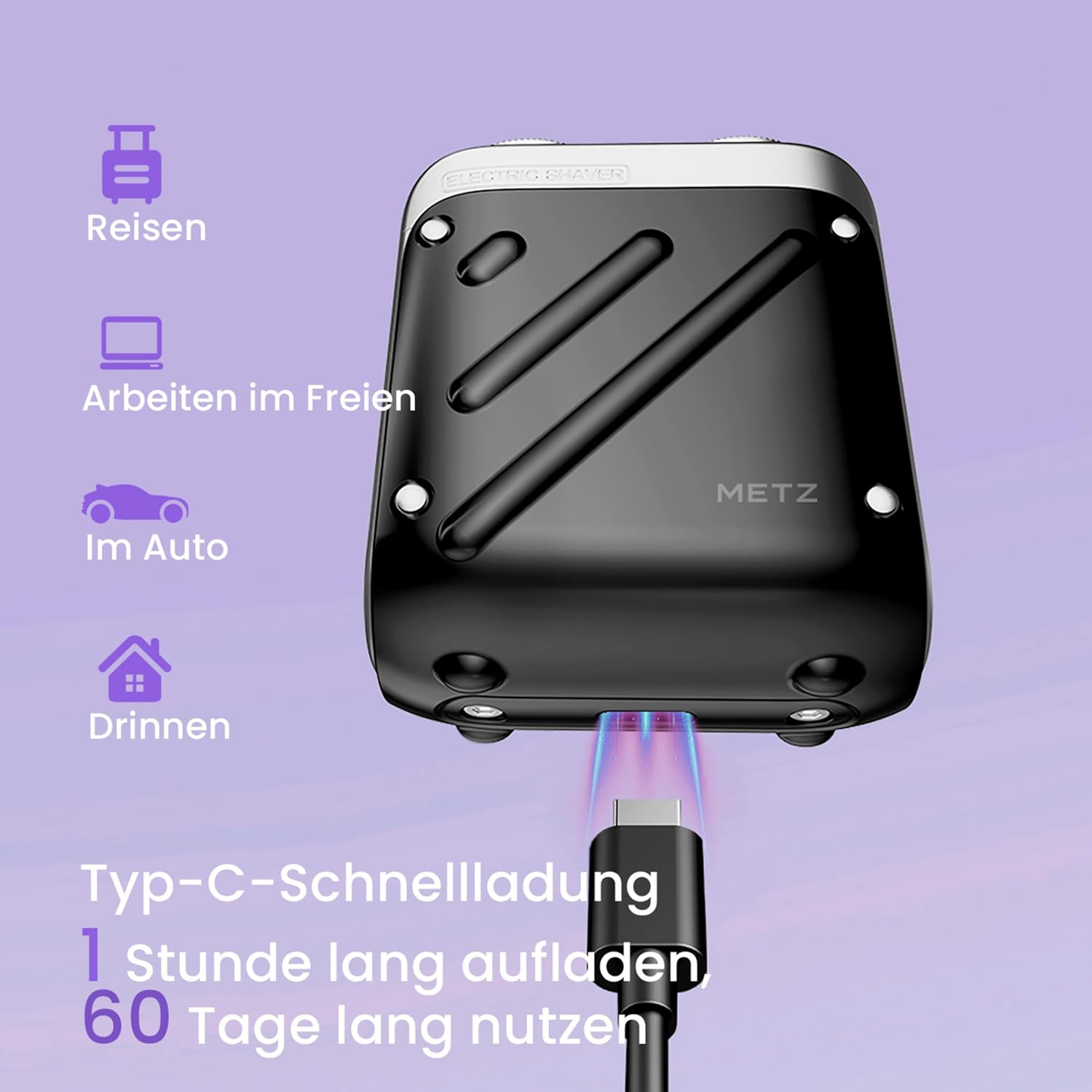 METZ Traveller Elektrorasierer Herren, Tragbarer Rasierer mit Reiseetui, IPX7 Wasserdicht electric Shaver für unterwegs, Nass und Trockenrasierer mit 9000rpm Motor, 60 Tage Akkulaufzeit, Schwarz