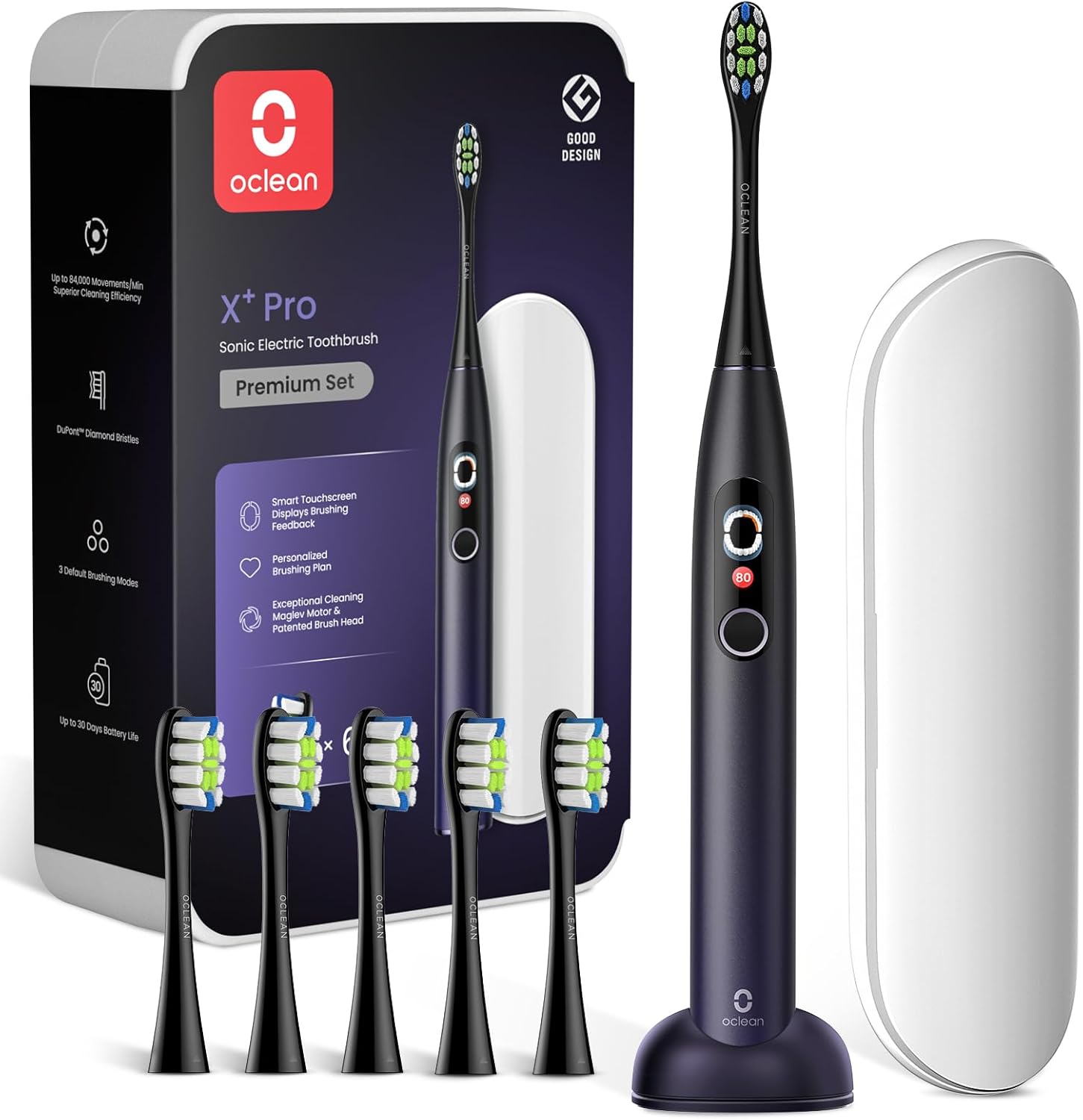Oclean X Pro Elektrische Zahnbürste, Schallzahnbürste mit Farbdisplay, 3 Putzmodi & 32 Intensitäten, 30 Tage Akkulaufzeit, mit Timer, Drucksensor & APP, Blau