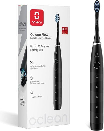 Oclean Flow Elektrische Zahnbürste, Schallzahnbürste mit 180 Tage Akkulaufzeit, 5 Putzmodi Zahnbürste Elektrisch IPX7 Sonic Electric Toothbrush mit DuPont Zahnbürstenkopf, Timer (Weiß)