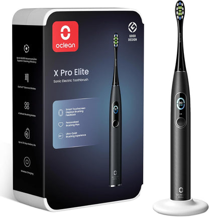 Oclean X Pro Elite Elektrische Zahnbürste mit 6 Bürstenköpfe & Reiseetui, Schallzahnbürste mit Farbdisplay, Ultraleise Putzerfahrung, 35 Tage Akkulaufzeit, mit Timer, Drucksensor & APP, Grau